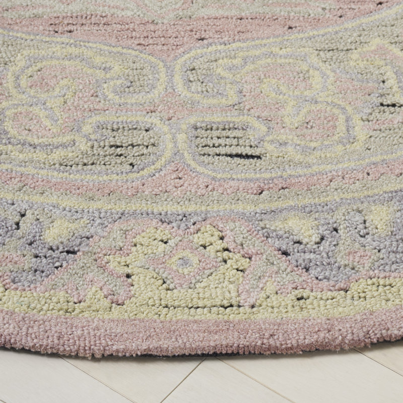 Tapis rose / beige en laine / coton touffeté à la main Savonnerie 401, Rond 6 pi