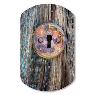 Colorful Rusty Keyhole on Wooden Door - Vintage Metal Wall Sculpture - Cylinder Shape