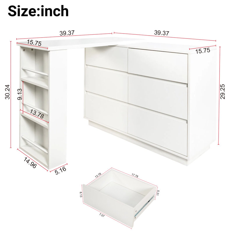 Bureau en L réversible avec 6 tiroirs et tablette réglable, bureau d'angle moderne