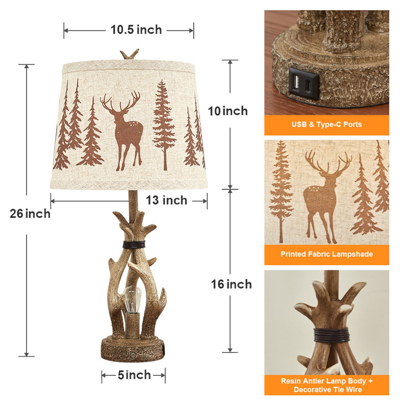 26" Resin Antler Table Lamp with Charging Ports & 3-Way Dimmable Nightlight (Set of 2)