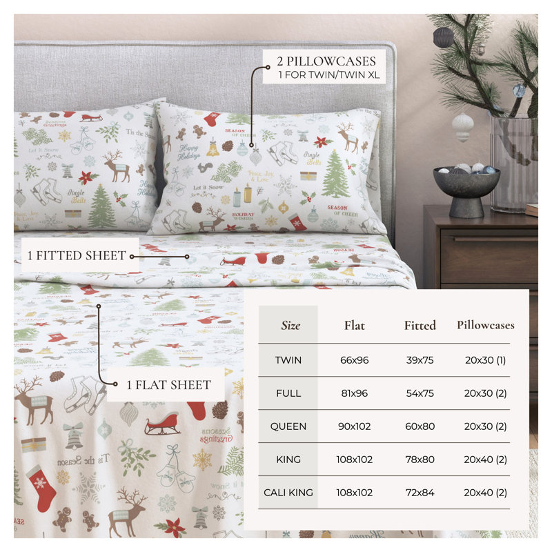 100% Turkish Cotton Flannel Christmas Sheet Sets, Holiday Time, California King with 2 Pillowcases
