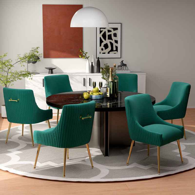 Baudel Tufted Velvet Side Chair with Metal Legs (Set of 6), Dark Green