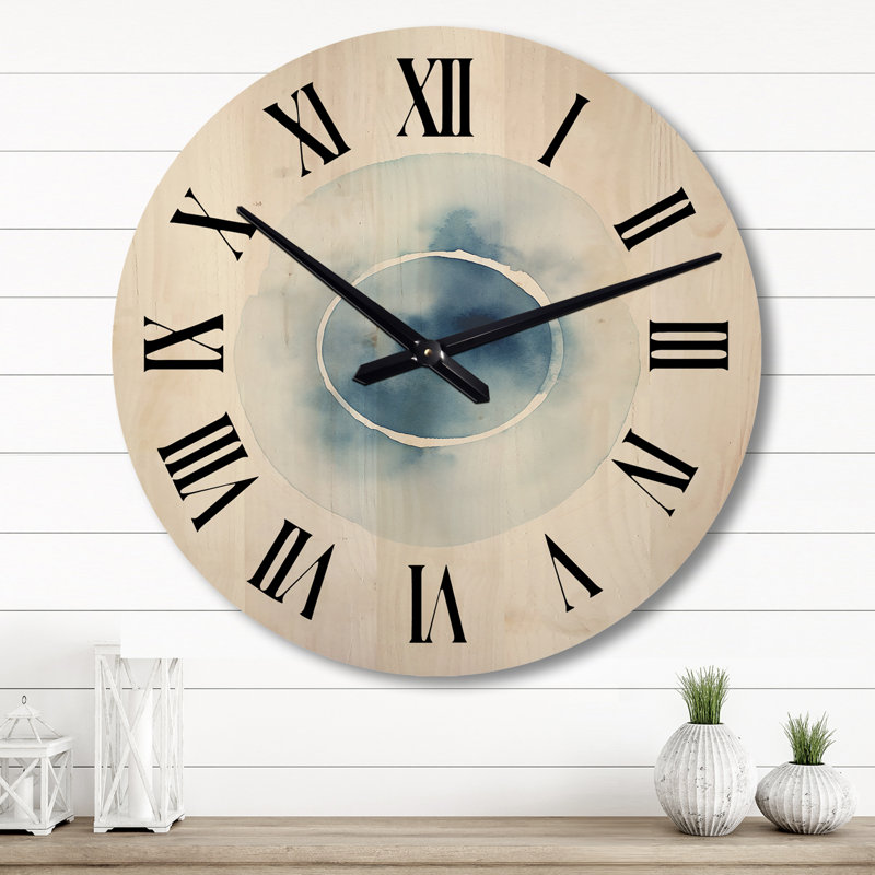 Composé avec aquarelle rétro bleu liquide - horloge murale surdimensionnée géométrique moderne en bois, Grand