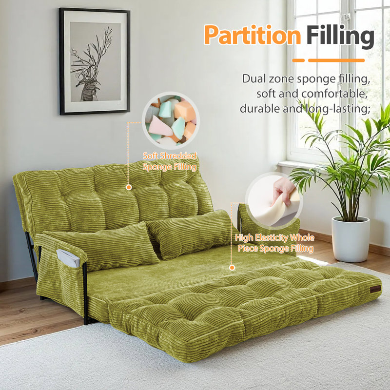 Canapé Bean Bag, Velours côtelé vert, H 25,6 po x l 54 po x P 25,6 po