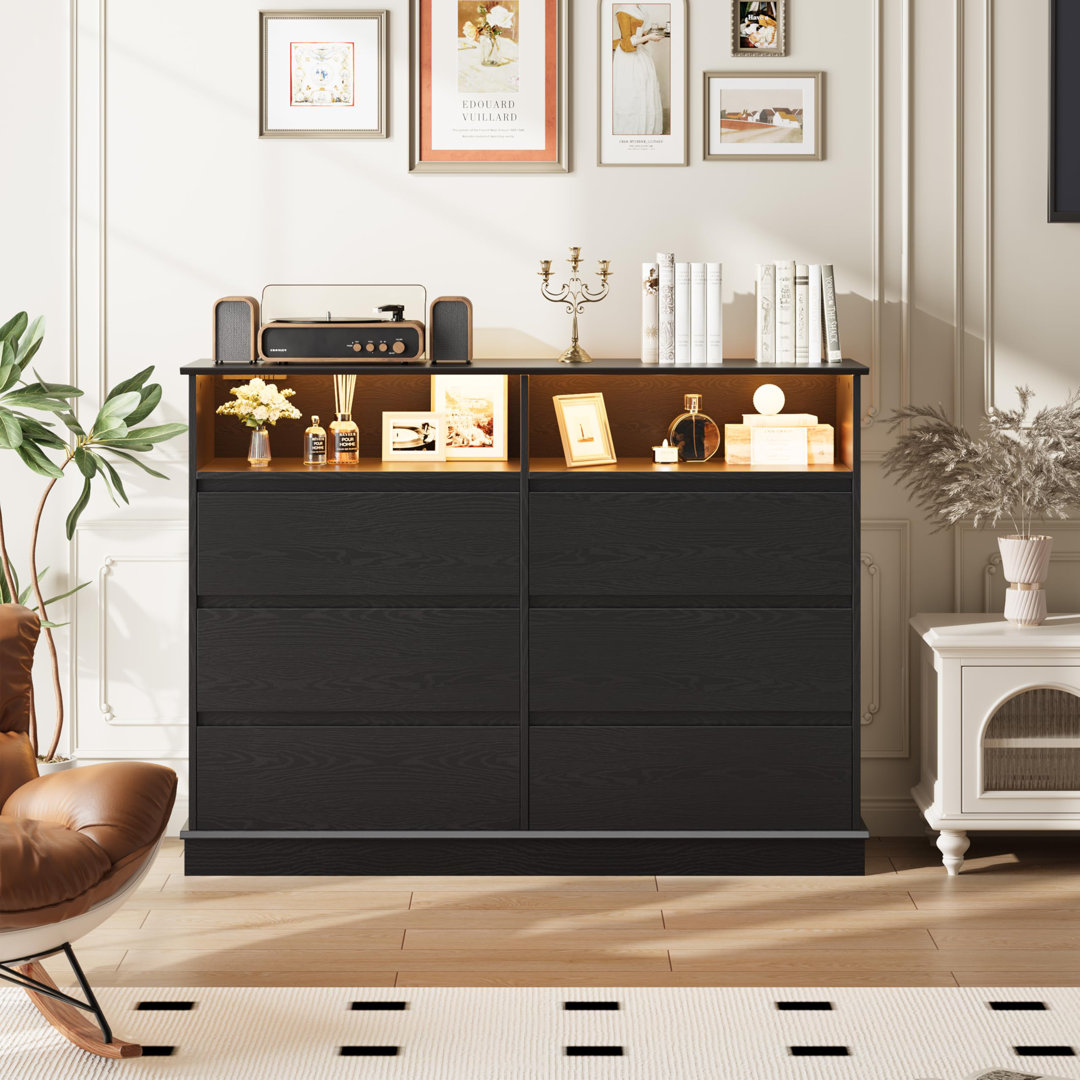 6-Drawer Dresser with Power Outlet & LED Lights - Modern Wide Chest with Open Shelf, Storage Organizer for Closet, Bedroom, Living Room