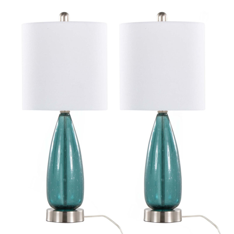 Lampe de table Bottega 22 po en verre saphir bleu, nickel brossé et toile de lin blanche de Grandview Gallery - ensemble de 2