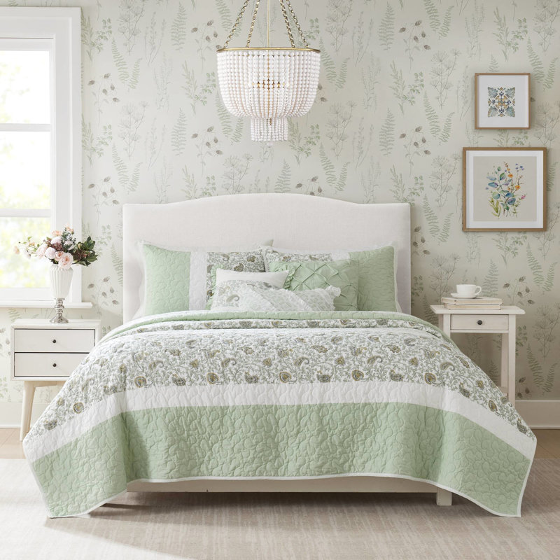 6 courtepointe sauge avec coussins décoratifs - double / grand, coton, coussins décoratifs de chambre à coucher, literie élégante et relaxante