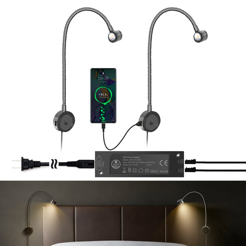 Flexible Gooseneck Bedside Reading Light Brightness Adjustable With Usb/type-c Charging Ports, Etl-listed Led Driver
