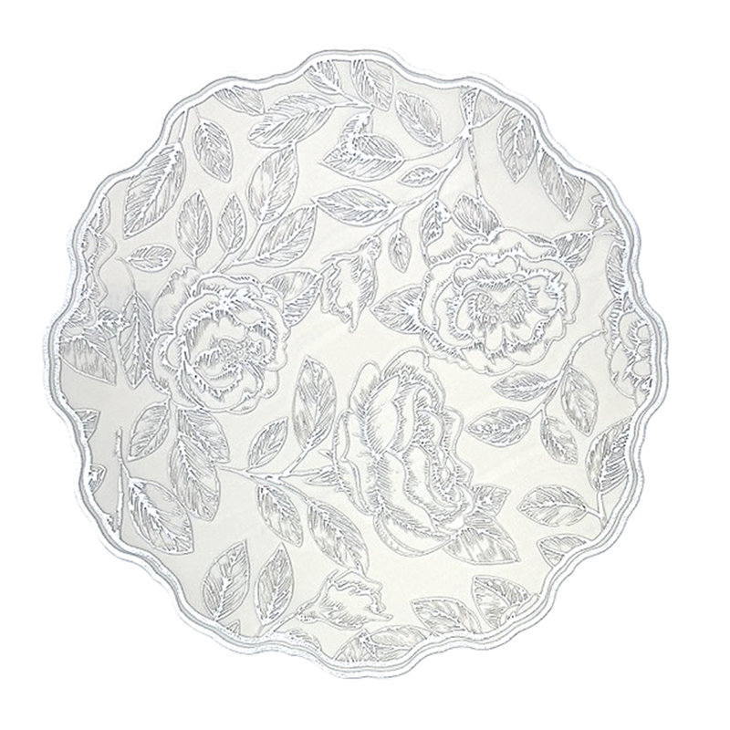 (Rond 15 po) Napperon en PVC argenté / floral, Argent argent