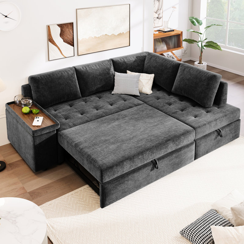 En forme de L avec lit escamotable et espaces de rangement pratiques - Style caché gris
