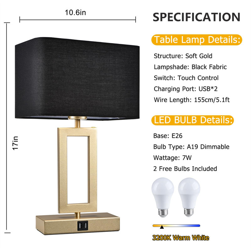 Ensemble de 2 lampes de table 22 po pour 2 chambres à commande tactile avec 2 ports USB, H 22,01 po x l 12,4 po x P 6,69 po