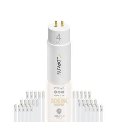 Paquet de 30 lampes tubulaires DEL T8 de 4 pi NUWATT, hybride T10 T12 de type A + B, blanc chaud 3000 K, 18 W, haute luminosité 2200 lumens, remplacement de tube fluorescent prêt à l'emploi ou à ballast de ballast, simple ou double