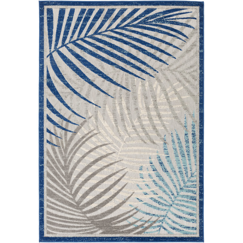 Cephas Floral Dark Blue/Aqua/Cream Indoor/Outdoor Area Rug, Rectangle 8'10" x 12'