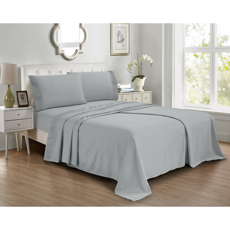 Ensemble de draps 4 pièces avec ourlet plissé, Ensemble de draps pour lit simple avec un drap-hou, Gris pale