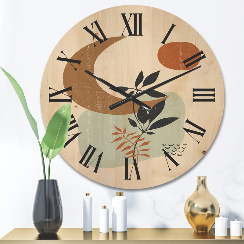 Horloge murale abstraite soleil et lune avec un minimum de plantes, Moyen