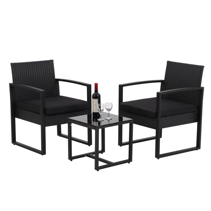  Rectangular 2 - Person 16.5" Long Bistro Set with Cushions, Black