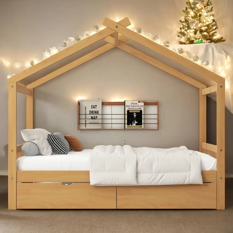 Roof House Design Kids Platform Bed with Two Drawers DIY Customizable, Brown