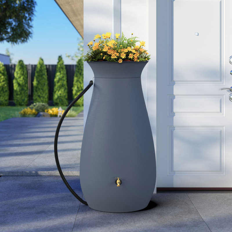 Baril d'eau de pluie en plastique 65 gallons avec plateau à fleurs, Gris ardoise