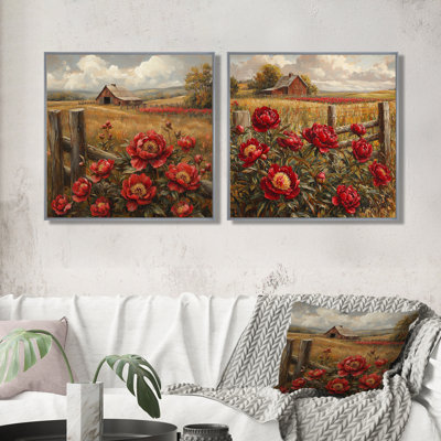 Pivoines rouges rétro par la grange I - art mural pivoines - art mural traditionnel pour le salon 2 pièces