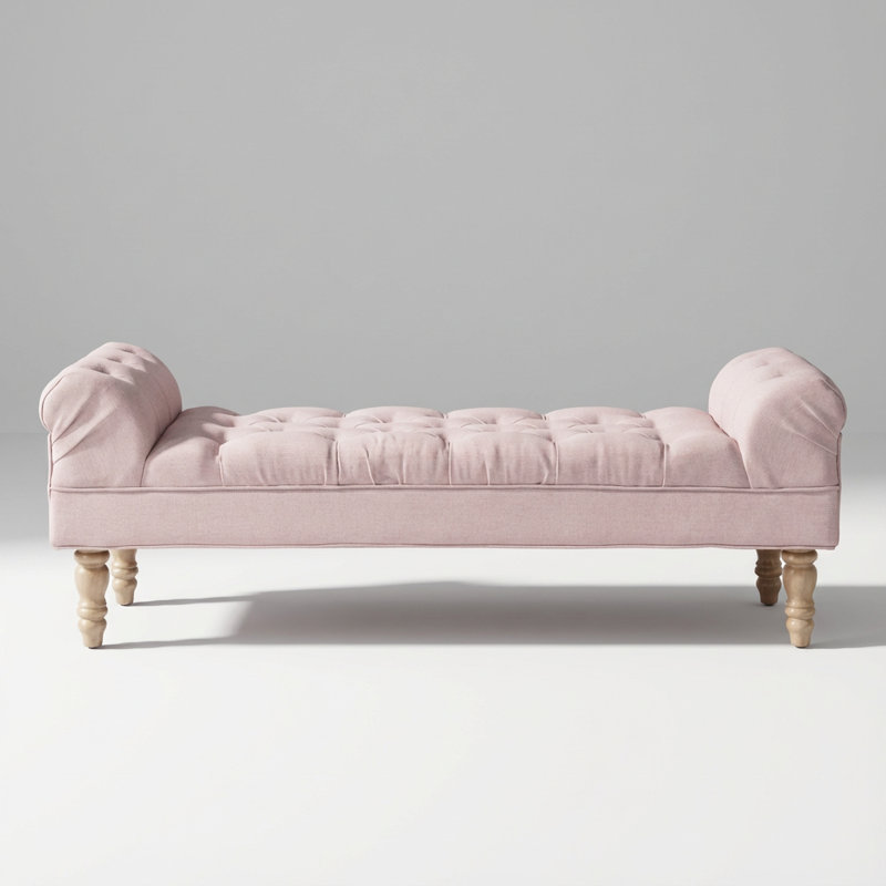 Large Button-Tufted Upholstered Ottoman Bench with Rolled Arms and Solid Wood Legs, Pink, Natural
