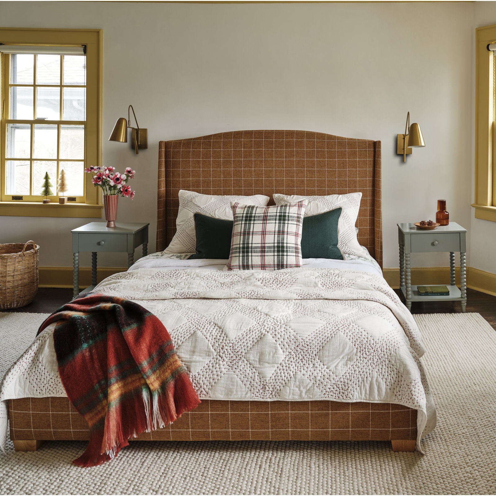 Fabrice Flannel Sheet Set, Cal.King Sheet Set + Fitted Sheet + 2 Pillowcases, Ivory/Green