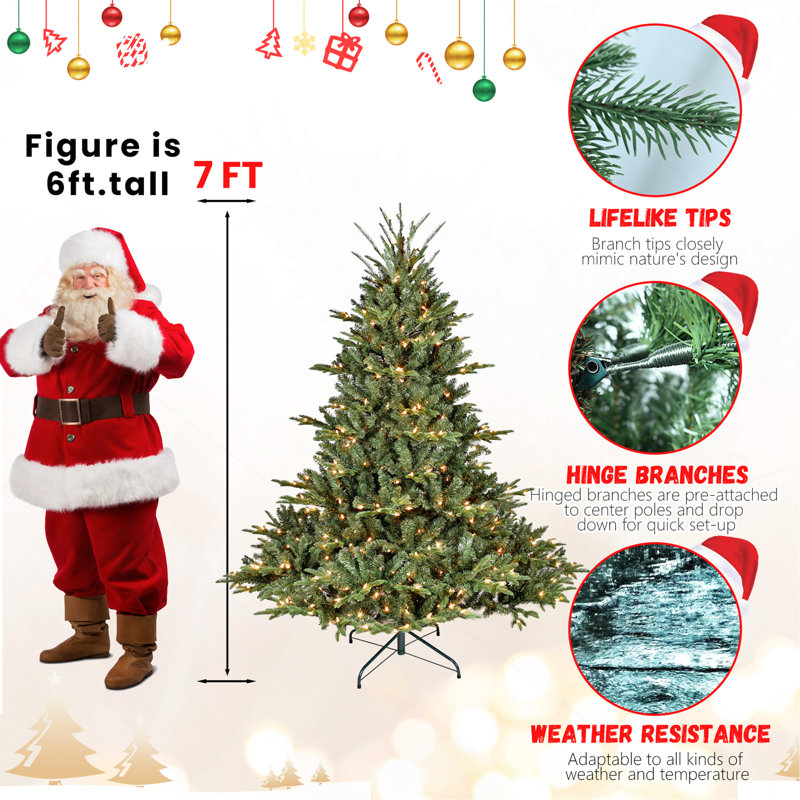 Arbre de Noël 9 pi pleine forme avec 1 100 lumières UL - branches mixtes en PE / PVC, 3451 pointes, base large pour les espaces spacieux, structure à charnières, support en métal stable