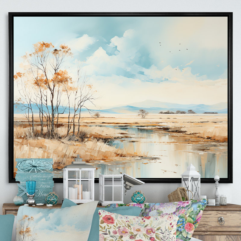 Beige Scerene Meadow Stream Harmony sur toile, Cadre flottant noir, H 12 po x l 20 po x P 1 po