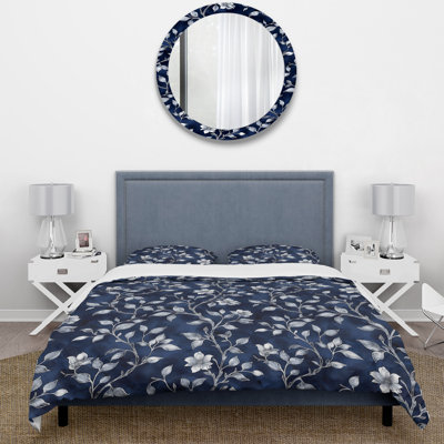 Navy Blue And Silver Country Chic Blooms - Farmhouse Duvet Cover Set