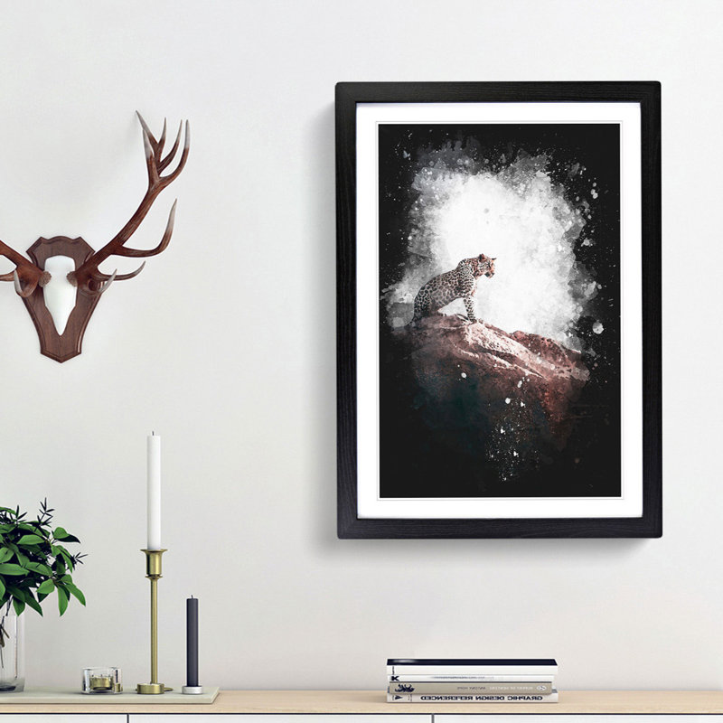 Leopard Upon The Rock Paint Splash - Picture Frame Graphic Art, 33cm H x 24cm W x 2cm D, Black Framed