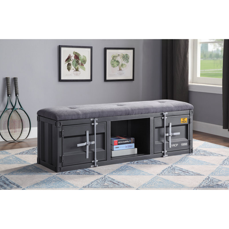 Contemporary Gray Fabric Cargo Storage Bench, 56" Gunmetal Accents