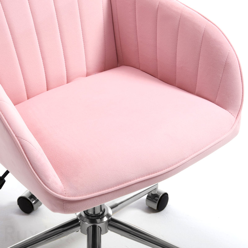 Adjustable Office Chair, Home Bedroom, Ergonomic Swivel Chair, Backrest Seat, Comfortable For Long Sitting, Baby Pink, Chrome