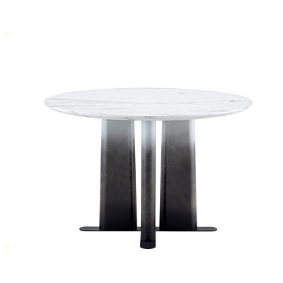 Round White Marble Pattern MDF Dining Table, Black & White Gradient Legs With Cross Base, Compact 2-4 Person Kitchen Table For Small Spaces Home Modern Dining Room Furniture
