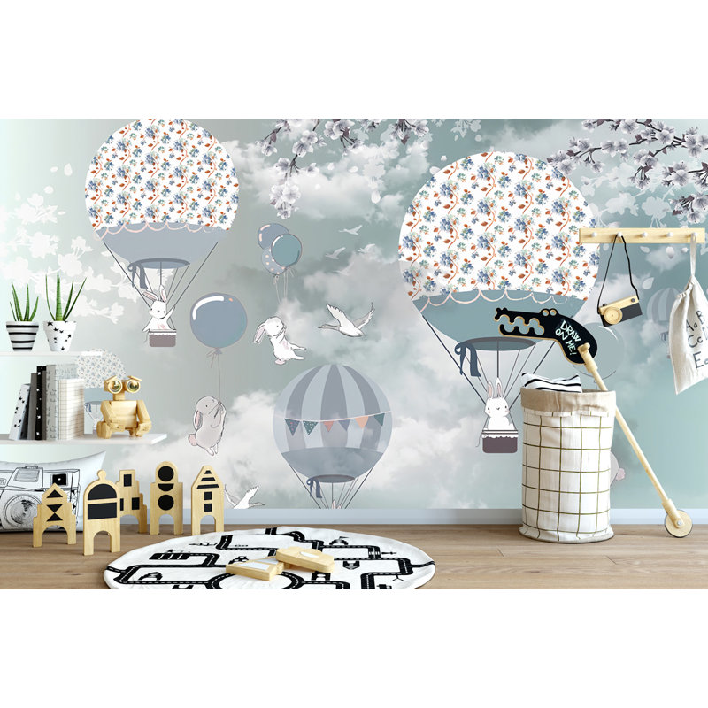 Murale fleur d’air chaude avec ballon de lapin animé Quanah, L 106 po x l 187 po