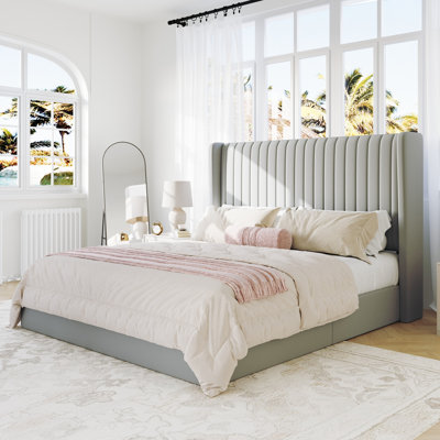 Velvet Hydraulic Lift Up Storage Upholstered Platform Bed With Wooden Slats And Vertical Stripes Wingback Headboard