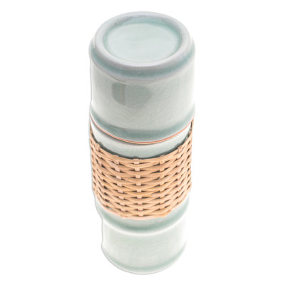 Novica Handmade Bamboo Celadon Ceramic Water Bottle