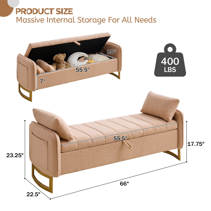 Banc de rangement rembourré de 66 po de hauteur avec des pieds dorés, une poche pour accoudoirs et 2 coussins, 66'' W