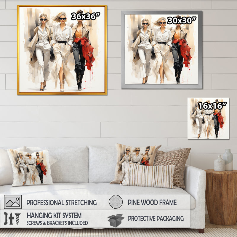 Personnages de mode sur une promenade II - art mural tendance, Cadre simple noir, H 36 po x l 36 po x P 1,5 po