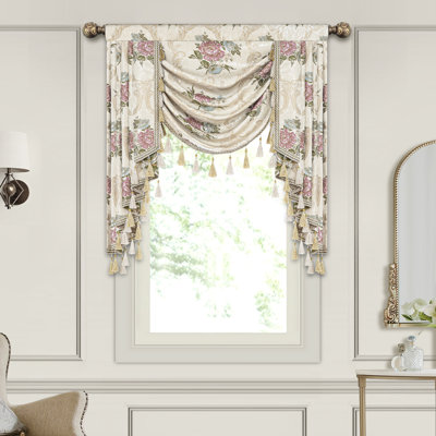 Cantonnière à motif floral avec pampilles, cantonnière en jacquard beige, habillage de fenêtre 1 panneau