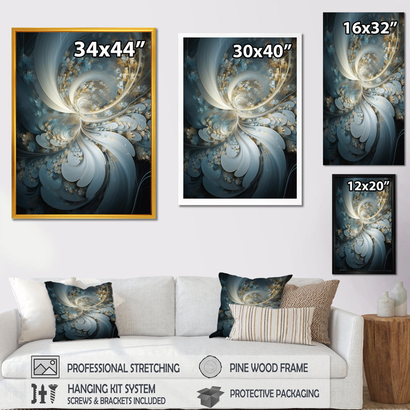 «Blossoming White Fractal Flower», reproduction sur toile, Cadre simple argenté, H 32 po x l 16 po x P 1 po
