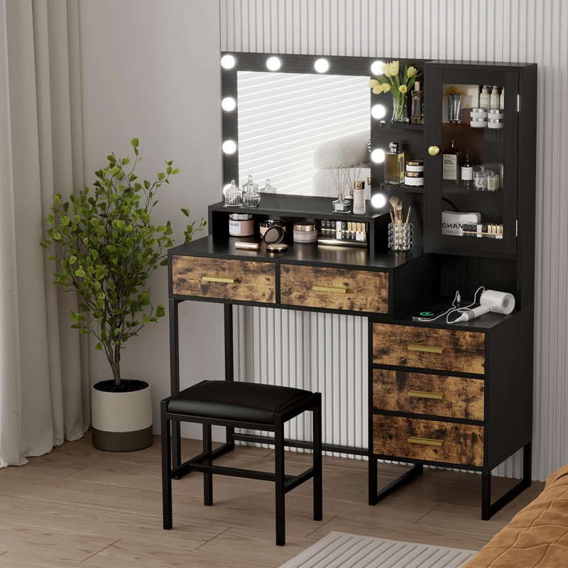 Ensemble de meuble-lavabo moderne avec éclairage à DEL moderne noir avec tabouret rembourré, tiroirs de rangement et tablettes ouvertes, coiffeuse avec station de charge intégrée pour chambre de filles et de femmes