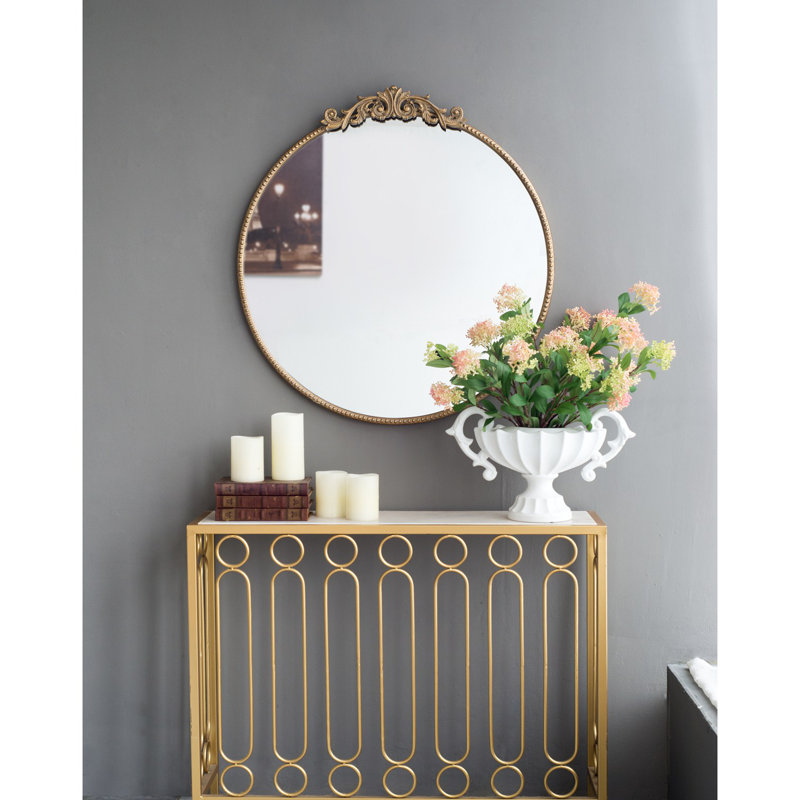30 po x 32 po, miroir rond mural avec cadre en métal pour salle de bain, Doré, 32" x 30"