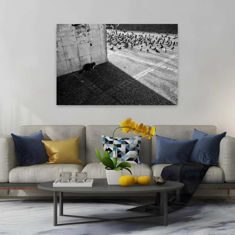 Urban Cat Pigeons Shadows Dramatic Abstract Contemporary Bird Cat City Nature Wall Art Print 1 Piece Wrapped Canvas Wall Art