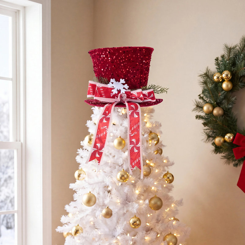 Sequin Christmas Tree Topper Hat with Bow & Snowflake