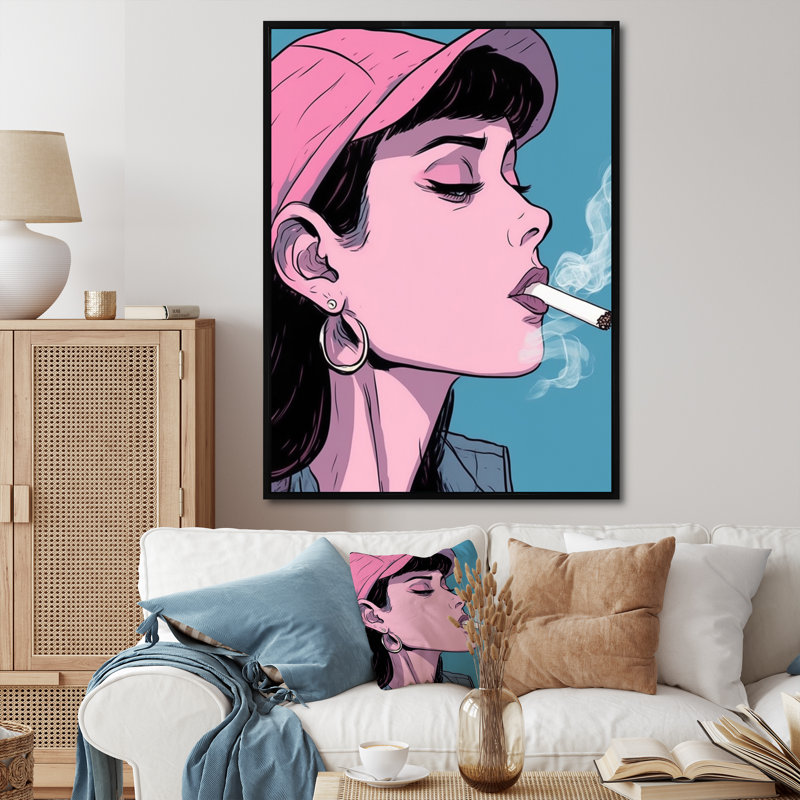 «Pink Popart Woman fumant sur toile», Cadre flottant noir, H 32 po x l 24 po x P 1 po