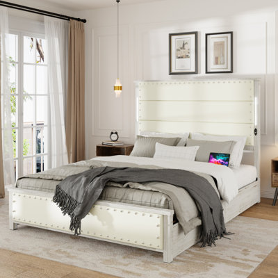 Bed Frame With Upholstered Headboard, Equipped With Charging Station And LED Lights For Enhanced Bedroom Comfort And Convenience