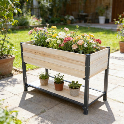 Nouveau style: lit de jardin surélevé à structure en fer et en bois massif - panneaux de bois réversibles et remplaçables, sans peinture / formaldéhyde, boîte à fleurs à bricolage pour légumes, fruits et fleurs