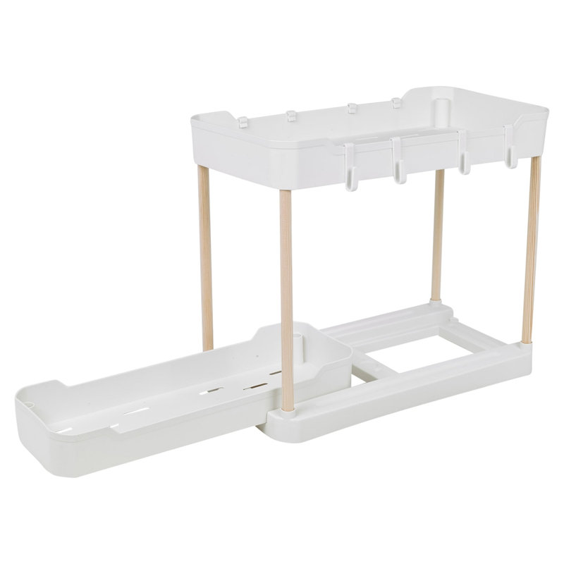 2 Tier Sliding Storage Rack w/ Hooks, Wooden Leg Under Sink Organiser, White