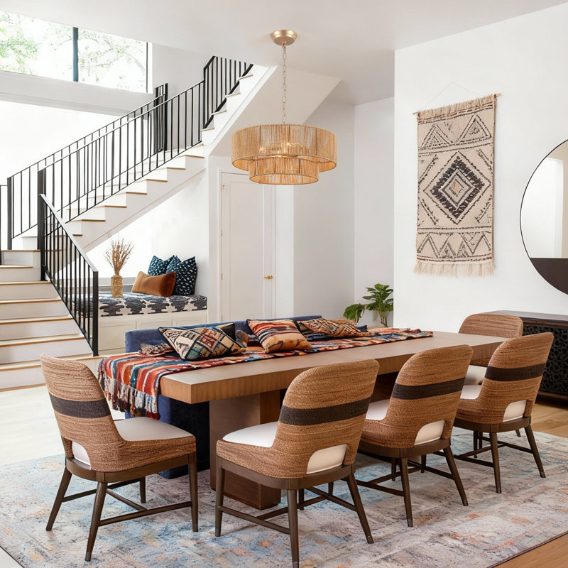 4-Light 18 inch Boho Tiered Drum Chandelier Hand-Woven Hemp Rope Pendant Light with 2-Tier Woven Rope Shade  for Dining Room