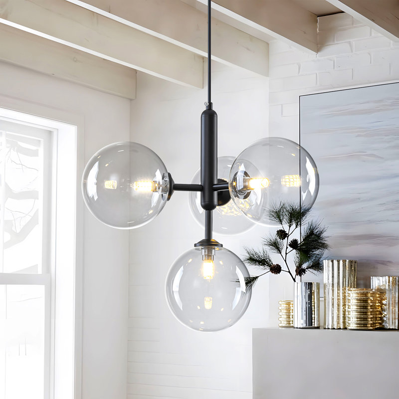 Lustre sphérique en verre 4 lumières avec abat-jour sphérique transparent Spoutnik 4 lumières, Noir mat