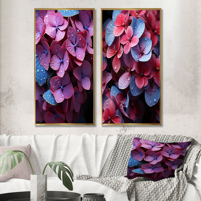 Neon Pink Hydrangea Harmony - Hydrangea Wall Decor Set Of 2, 32" H x 33" W, Gold Framed